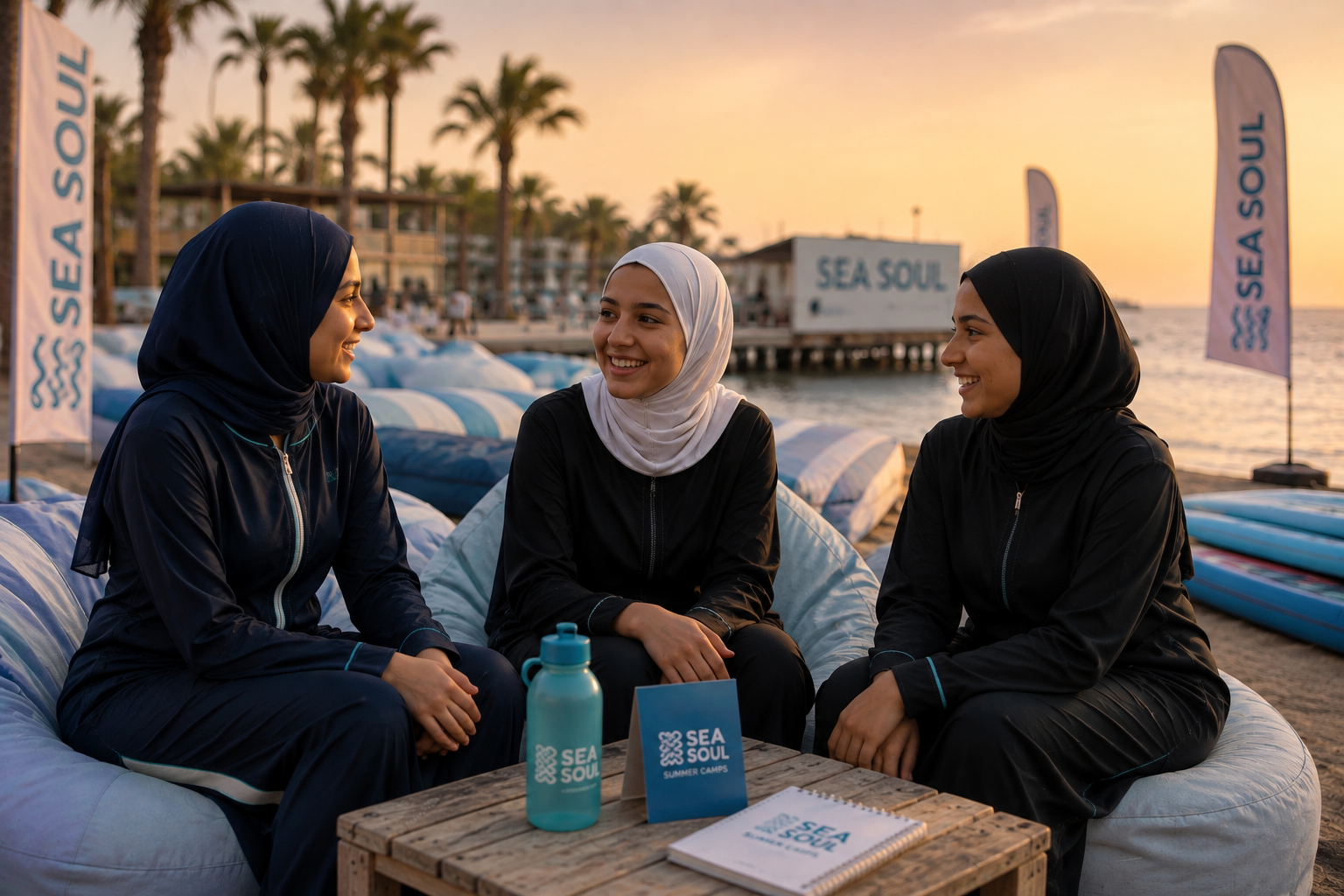 Saudi teenage girls in hijabs enjoying a safe and supportive Sea Soul summer camp.