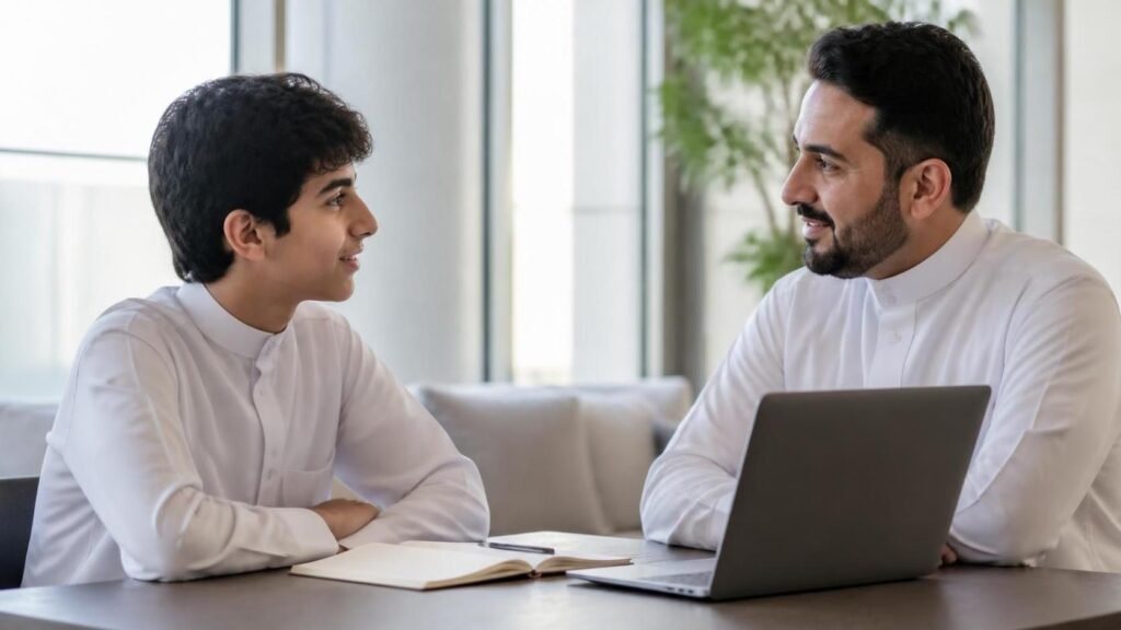 A Saudi teenage boy wearing a white thobe sits with an adult male mentor in a bright, modern space, with a notebook and laptop on the table.